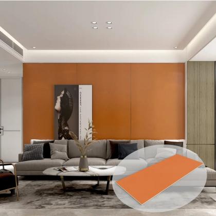 Large WPC wall panel with a solid core and Hermes Orange fabric coating.